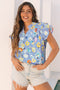 Floral Print V Neck Flutter Sleeve Woven Blouse