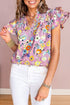 Floral Print V Neck Flutter Sleeve Woven Blouse