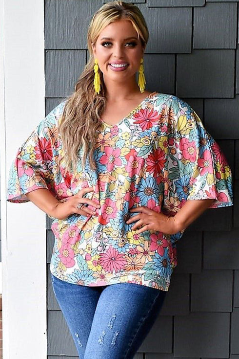Floral Print V Neck Half Sleeve Blouse