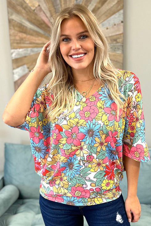 Floral Print V Neck Half Sleeve Blouse