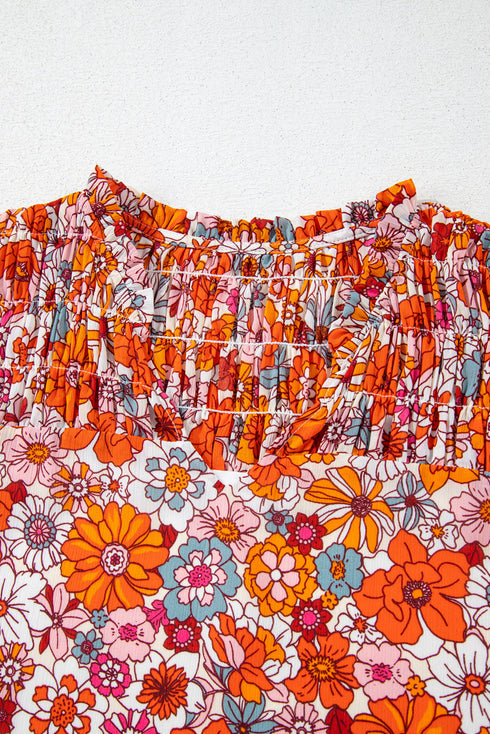 Floral Print V Neck Pleated Ruffle Short Sleeve Blouse