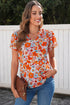 Floral Print V Neck Pleated Ruffle Short Sleeve Blouse