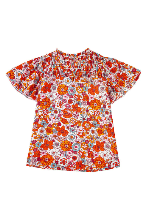 Floral Print V Neck Pleated Ruffle Short Sleeve Blouse