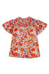Floral Print V Neck Pleated Ruffle Short Sleeve Blouse