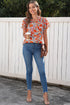 Floral Print V Neck Pleated Ruffle Short Sleeve Blouse