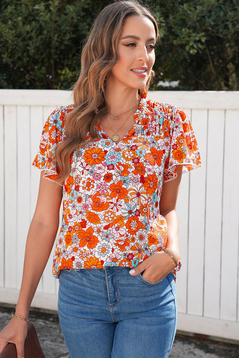 Floral Print V Neck Pleated Ruffle Short Sleeve Blouse