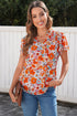 Floral Print V Neck Pleated Ruffle Short Sleeve Blouse