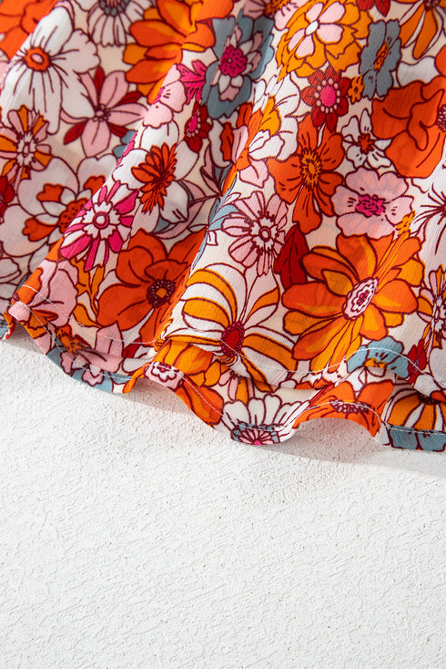 Floral Print V Neck Pleated Ruffle Short Sleeve Blouse