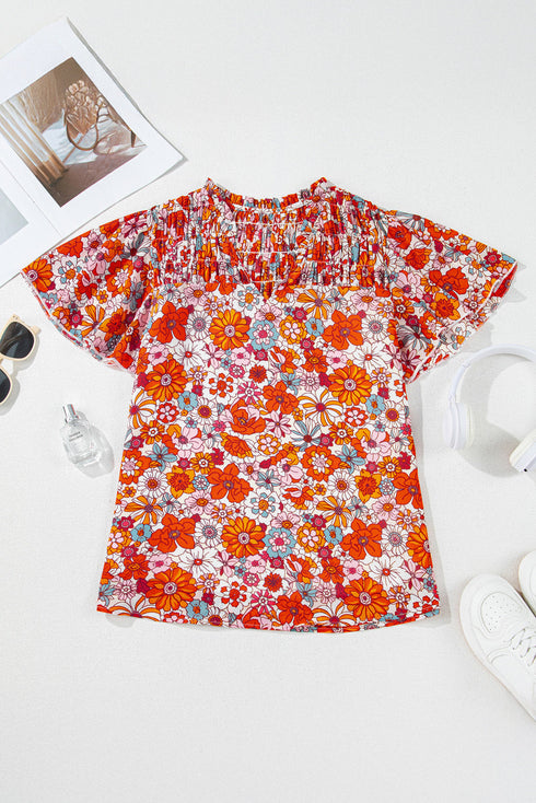 Floral Print V Neck Pleated Ruffle Short Sleeve Blouse