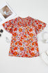 Floral Print V Neck Pleated Ruffle Short Sleeve Blouse