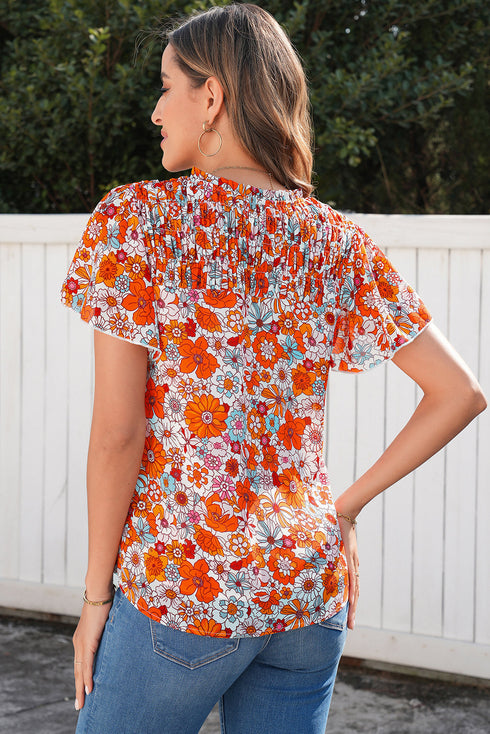 Floral Print V Neck Pleated Ruffle Short Sleeve Blouse