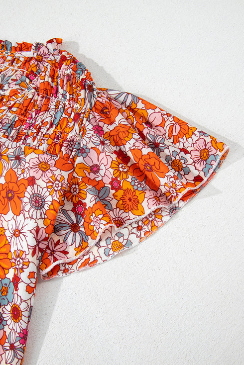Floral Print V Neck Pleated Ruffle Short Sleeve Blouse