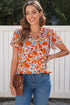Floral Print V Neck Pleated Ruffle Short Sleeve Blouse