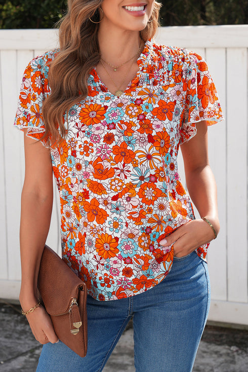 Floral Print V Neck Pleated Ruffle Short Sleeve Blouse
