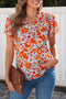 Floral Print V Neck Pleated Ruffle Short Sleeve Blouse