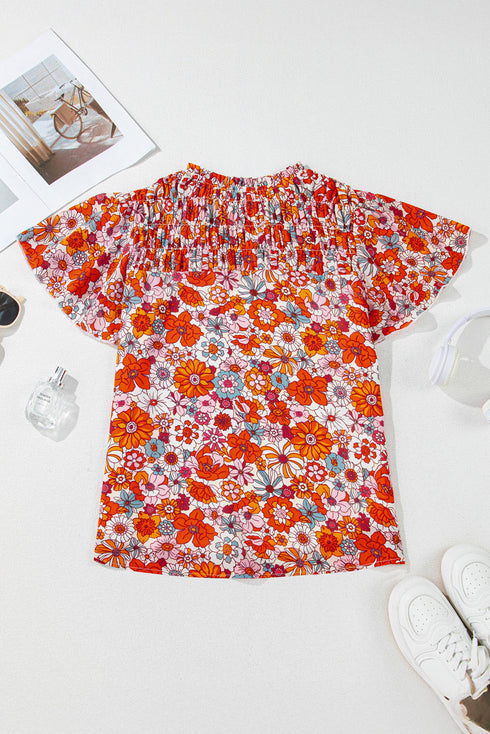 Floral Print V Neck Pleated Ruffle Short Sleeve Blouse