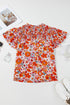 Floral Print V Neck Pleated Ruffle Short Sleeve Blouse