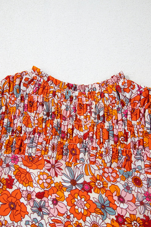 Floral Print V Neck Pleated Ruffle Short Sleeve Blouse