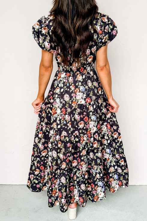 Floral Print V Neck Pleated Tiered Maxi Dress