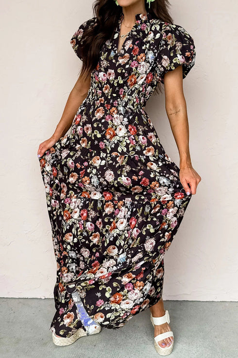 Floral Print V Neck Pleated Tiered Maxi Dress