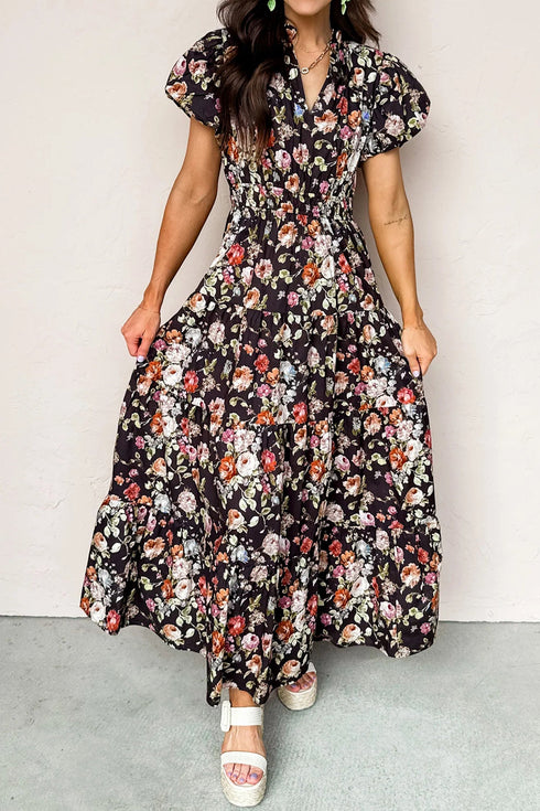 Floral Print V Neck Pleated Tiered Maxi Dress