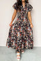 Floral Print V Neck Pleated Tiered Maxi Dress