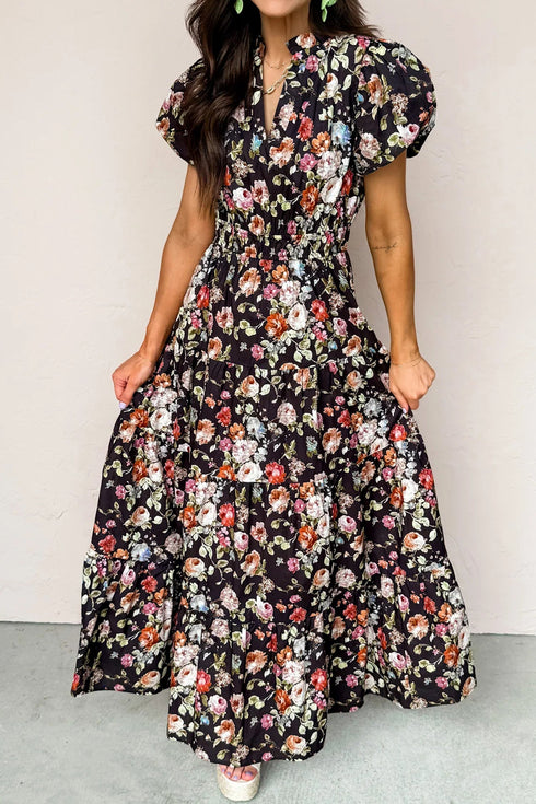 Floral Print V Neck Pleated Tiered Maxi Dress