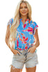 Floral Print V Neck Pompom Trim Flutter Sleeve Blouse