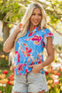 Floral Print V Neck Pompom Trim Flutter Sleeve Blouse