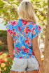 Floral Print V Neck Pompom Trim Flutter Sleeve Blouse