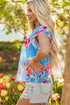 Floral Print V Neck Pompom Trim Flutter Sleeve Blouse