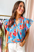 Floral Print V Neck Pompom Trim Flutter Sleeve Blouse