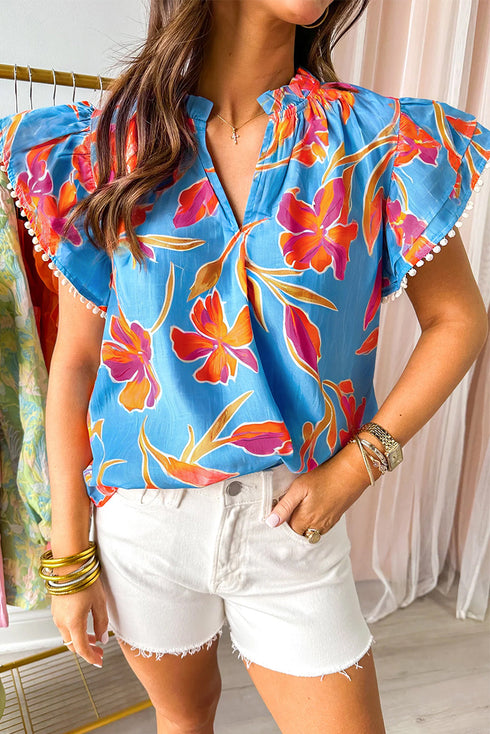 Floral Print V Neck Pompom Trim Flutter Sleeve Blouse