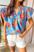 Floral Print V Neck Pompom Trim Flutter Sleeve Blouse