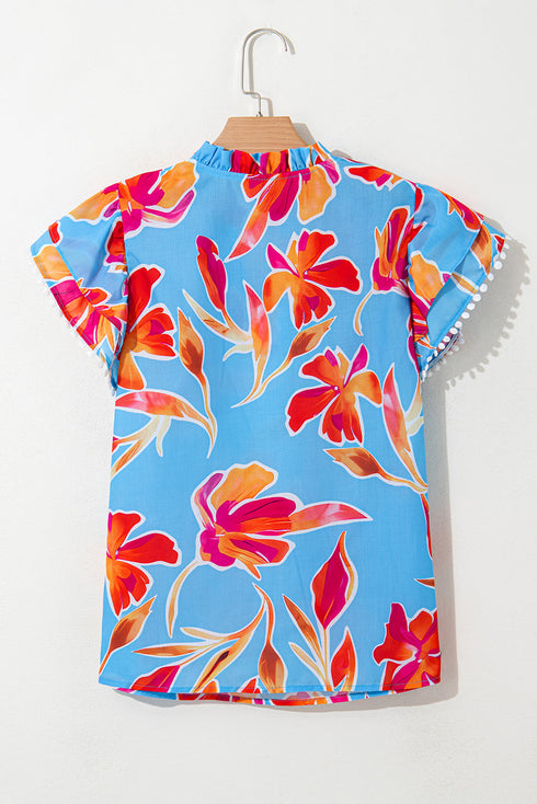 Floral Print V Neck Pompom Trim Flutter Sleeve Blouse