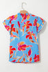 Floral Print V Neck Pompom Trim Flutter Sleeve Blouse