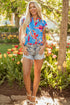 Floral Print V Neck Pompom Trim Flutter Sleeve Blouse