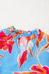 Floral Print V Neck Pompom Trim Flutter Sleeve Blouse