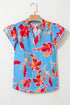 Floral Print V Neck Pompom Trim Flutter Sleeve Blouse