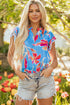 Floral Print V Neck Pompom Trim Flutter Sleeve Blouse