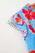 Floral Print V Neck Pompom Trim Flutter Sleeve Blouse