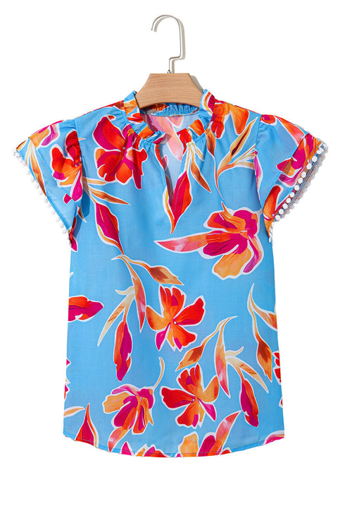 Floral Print V Neck Pompom Trim Flutter Sleeve Blouse