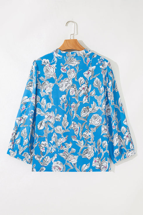 Floral Print V Neck Puff Sleeve Woven Blouse