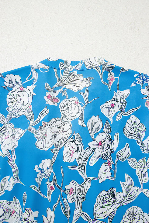 Floral Print V Neck Puff Sleeve Woven Blouse