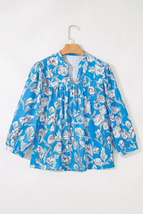 Floral Print V Neck Puff Sleeve Woven Blouse