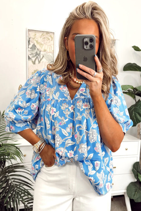 Floral Print V Neck Puff Sleeve Woven Blouse
