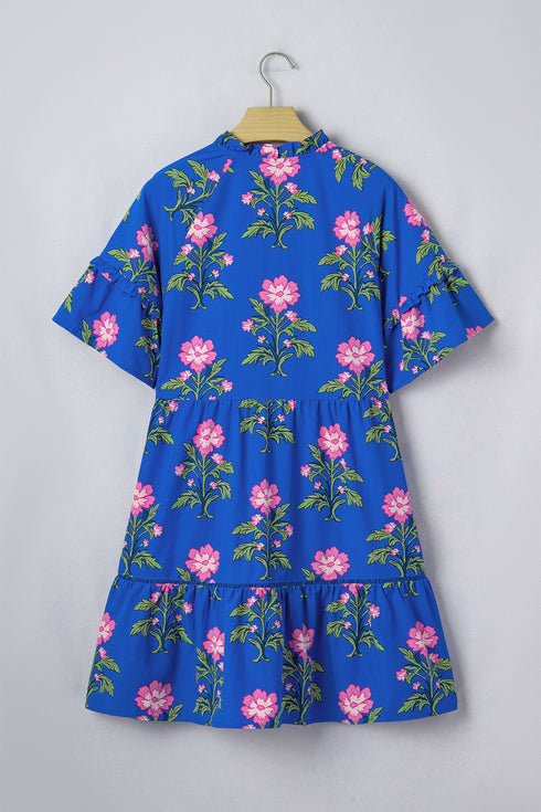Floral Print V Neck Short Sleeve A Line Dress