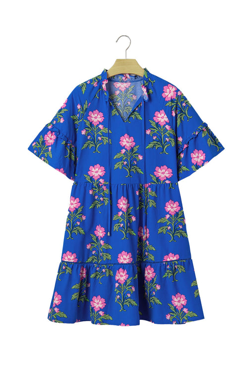 Floral Print V Neck Short Sleeve A Line Dress