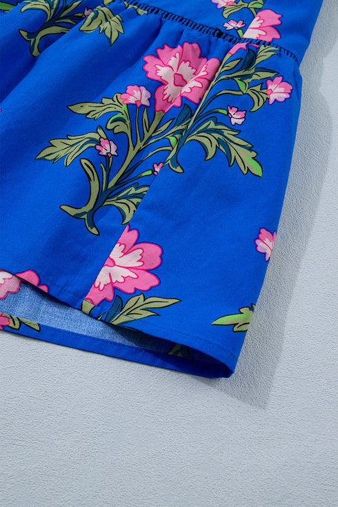 Floral Print V Neck Short Sleeve A Line Dress