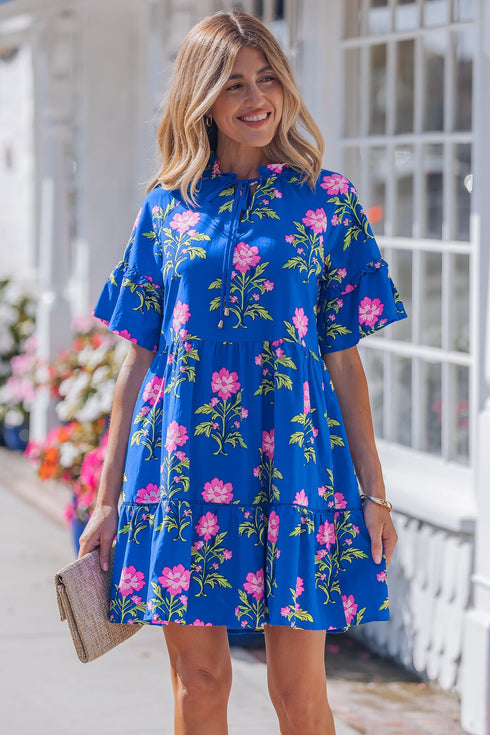 Floral Print V Neck Short Sleeve A Line Dress